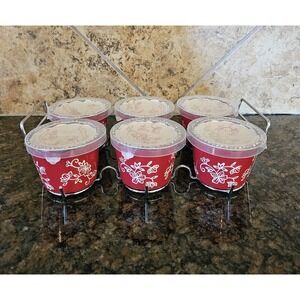 Temptations Floral Lace Design Round Red Set Of 6 Ramekins 6oz Lids Wire Holder